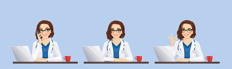 Female doctor using laptop computer sitting at the desk different gestures set isolated vector illustration