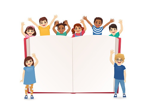 Smiling kids boys and girls standing behind empty blank big opened book waving hands isolated vector illustration. Multiethnic happy children group.