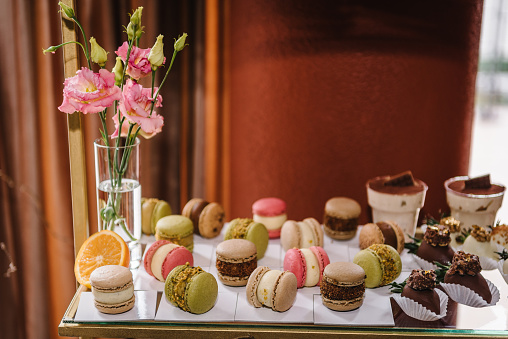 Macaroons. Candy bar closeup. Delicious wedding reception luxury ceremony. Background decor. Table with sweets, candies, dessert. Arch decorated pink flowers roses for birthday party in banquet.