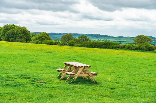 Park bench and table at Dunstable Downs, UK