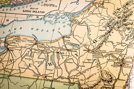 Antique atlas map macro closeup: New York State