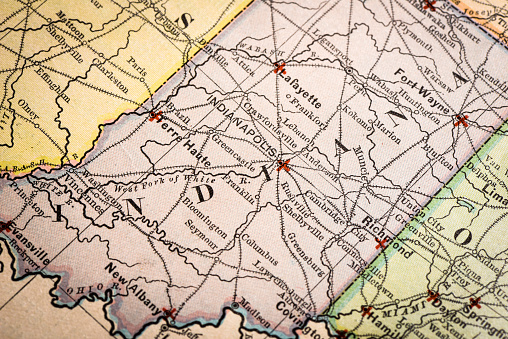 Antique atlas map macro closeup: Indiana