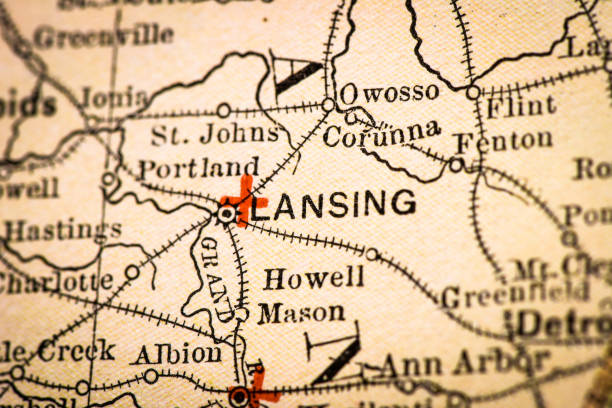 istock Antique atlas map macro closeup: Lansing, Michigan 1489192167
