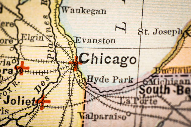 istock Antique atlas map macro closeup: Chicago, Illinois 1489192488