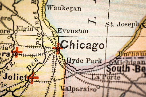 Antique atlas map macro closeup: Chicago, Illinois