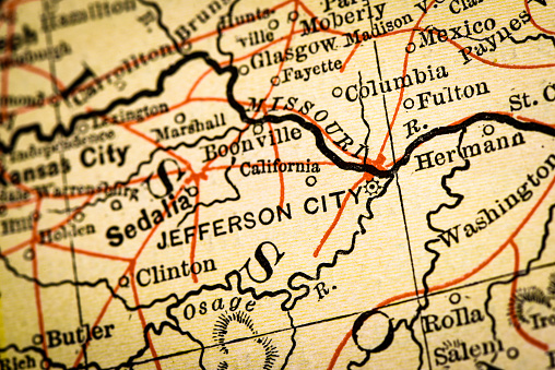 Antique atlas map macro closeup: Jefferson City, Missouri