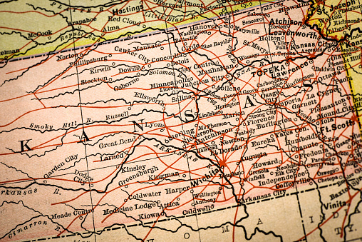 Antique atlas map macro closeup: Kansas