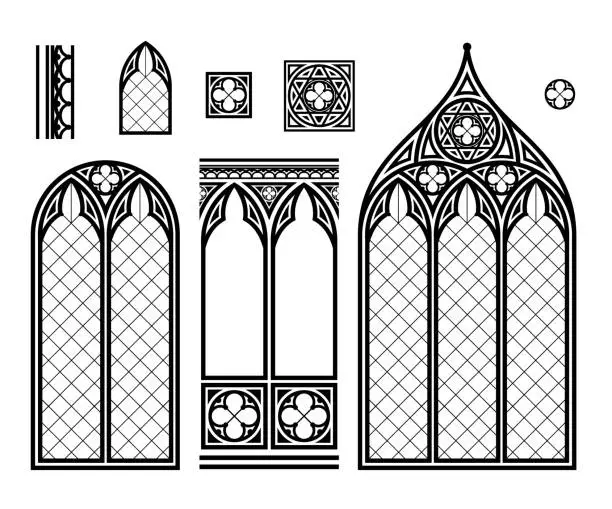 Vector illustration of Medieval Gothic stained glass cathedral window set