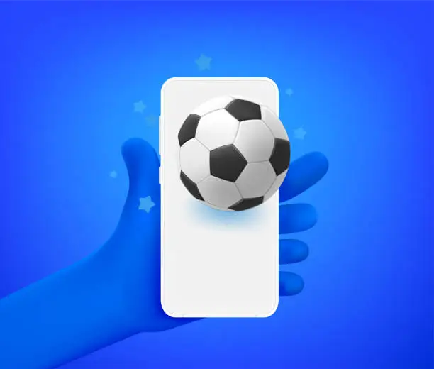 Vector illustration of Comic hand with smartphone and soccer ball icon. 3d vector illustration