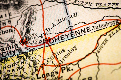 Antique atlas map macro closeup: Cheyenne, Wyoming