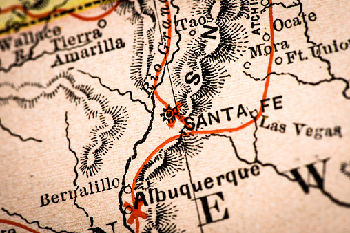 Antique atlas map macro closeup: Santa Fe, New Mexico