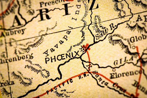 Antique atlas map macro closeup: Phoenix, Arizona