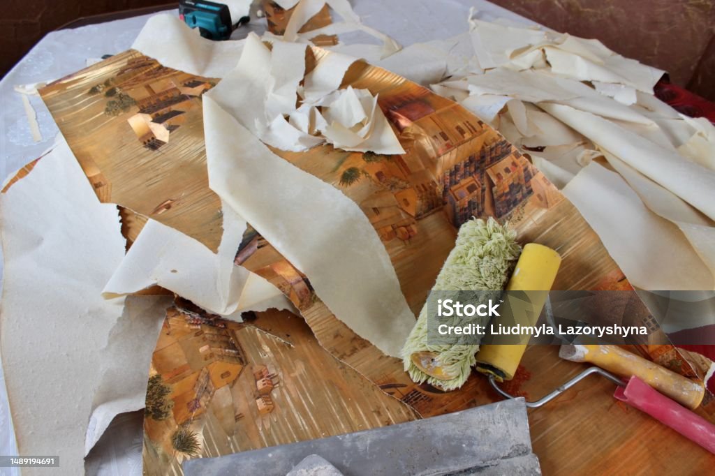 rollers and a spatula lie on the remains of the old wallpaper during the repair Color Image Stock Photo