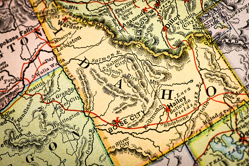Antique atlas map macro closeup: Idaho
