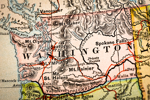 Antique atlas map macro closeup: Washington
