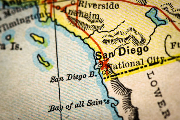 Antique atlas map macro closeup: San Diego, California