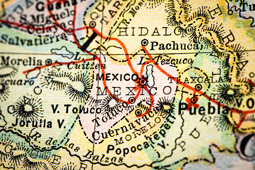 Antique atlas map macro closeup: Mexico City, Mexico