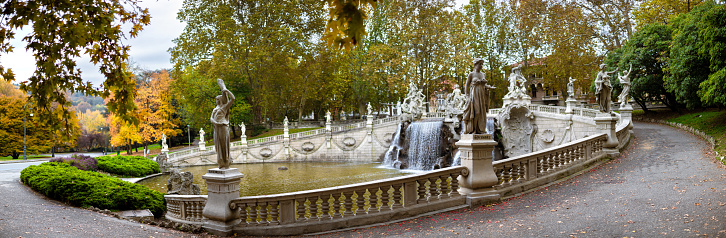 Turin, Italy: Panoramic view of the Baroque Fountain of the 12 Months in Parco del Valentino on the banks of the Po River - a favorite recreation spot for locals and tourists.