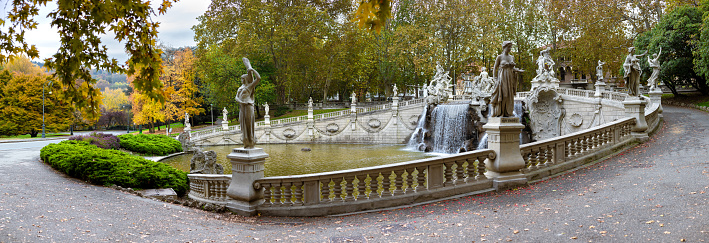 Turin, Italy: Panoramic view of the Baroque Fountain of the 12 Months in Parco del Valentino on the banks of the Po River - a favorite recreation spot for locals and tourists.