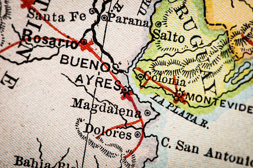 Antique atlas map macro closeup: Buenos Aires, Argentina