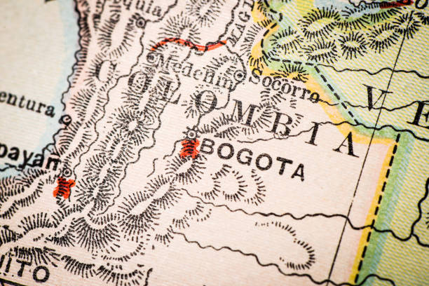 Antique atlas map macro closeup: Bogota, Colombia