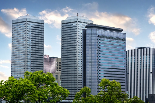 The modern urban skyline of Osaka, Japan, in summer with trees in the foreground.