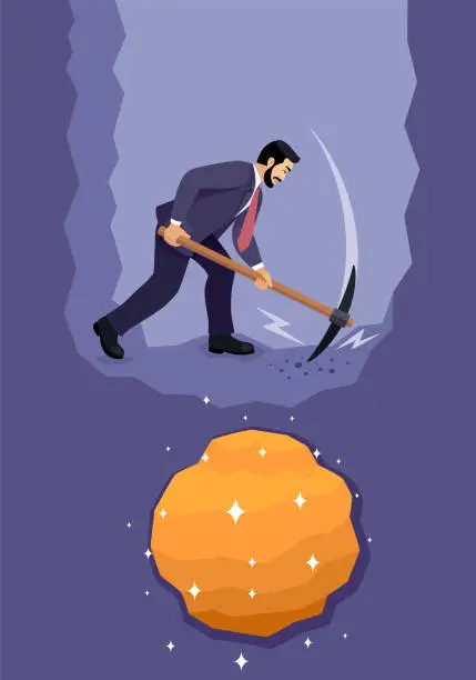 Vector illustration of Businessman digging to find gold. Man digging hole on the ground with a with Pick Axe.