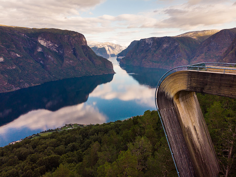 Aerial view. Aurlandsfjord landscape from Stegastein viewing point, early morning. Norway Scandinavia. National tourist route Aurlandsfjellet.