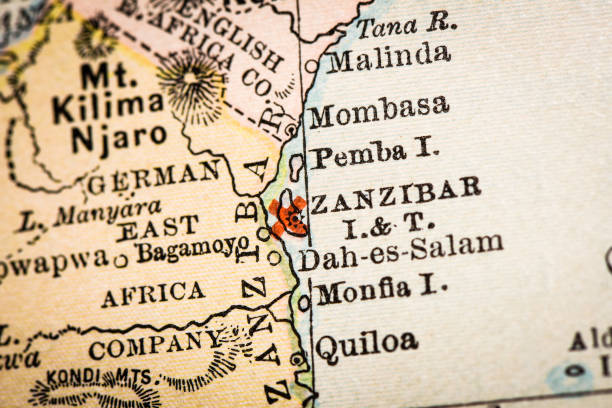 istock Antique atlas map macro closeup: Zanzibar 1489197589