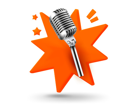 Broadcast microphone with explosion effect. 3d vector mobile application icon with notification