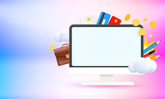 Computer monitor with business elements and blank screen. 3d vector banner with copy space
