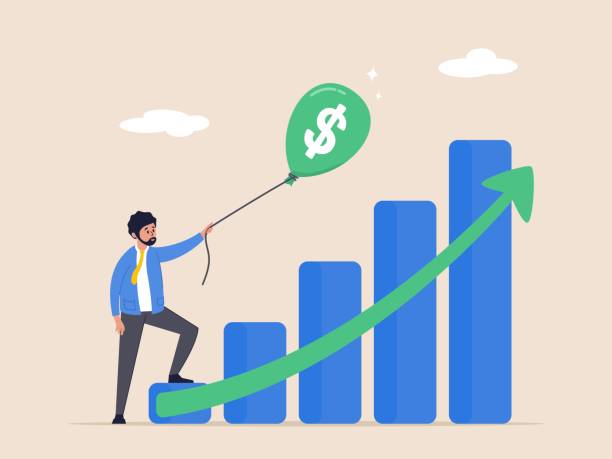 ilustraciones, imágenes clip art, dibujos animados e iconos de stock de concepto de crecimiento de dinero o salarios. aumento de ingresos o salarios, ganancias de inversión de crecimiento o ganancias del mercado de valores. hombre de negocios con globo en el signo de dinero del dólar con gráfico de crecimiento y tabla. - gear tall solution people