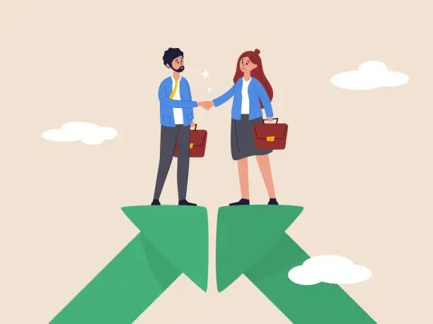 Vector illustration of Cooperation partnership concept. Team collaboration, work together for success, agreement or negotiatio. Businessmen handshake on growth arrow joining connection agree to work together. Flat vector.