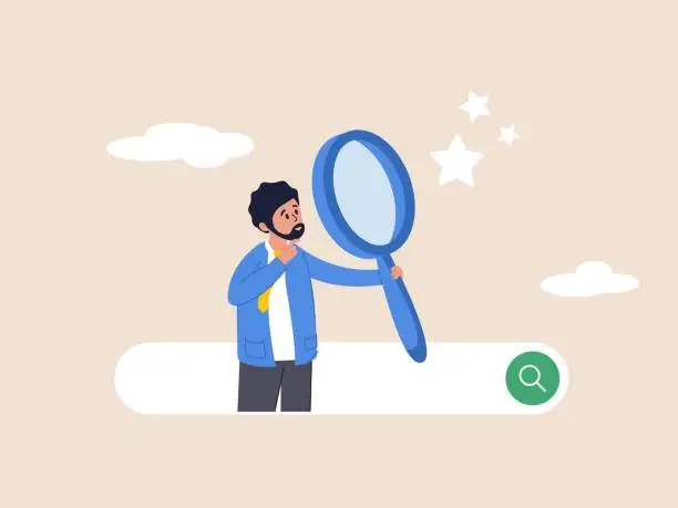 Vector illustration of Search concept. SEO, search engine optimization, discover or research, finding information, new job or explore websites. Businessman with magnifying glass. Business flat vector illustration.