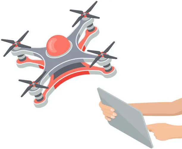 Vector illustration of Man with laptop controls flying drone. Drone delivery and shipment innovation, modern technologies