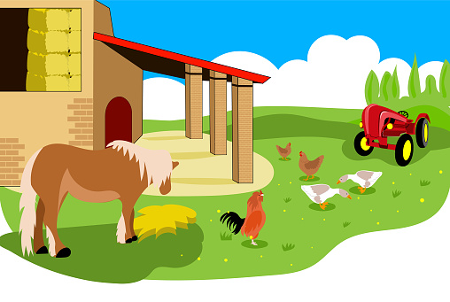 vector illustration of farm in the countryside, with red tractor, barn, chickens, geese and horse