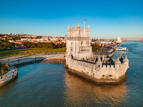 Rear view of Belem Tower in downtown Lisbon, Portugal