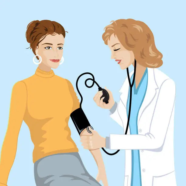 Vector illustration of A Female Doctor Is Checking Her Patients Blood Pressure