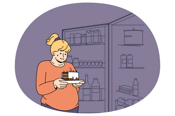 Fat woman near fridge hold piece of cake Fat woman holding piece of cake thinking of eating sweet stuff. Obese female near open fridge overeating suffer from weight and addiction problem. Diet and healthy lifestyle. Vector illustration. terrible meal stock illustrations