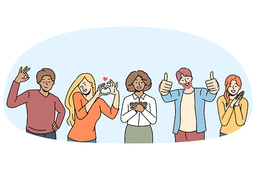 Overjoyed diverse multiethnic young people feel positive and joyful show diverse hand gestures. Smiling men and women use body language, ok, thumb up, heart sign. Vector illustration.