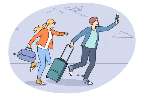 Worried tourists run for flight in airport Worried couple tourists run in hurry for plane in airport. Man and woman travelers in rush not to miss flight going to vacation or trip. Travel and tourism concept. Vector illustration. lineup stock illustrations