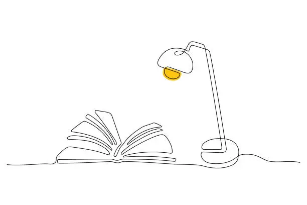 Vector illustration of Open book and Table lamp line art stock illustration