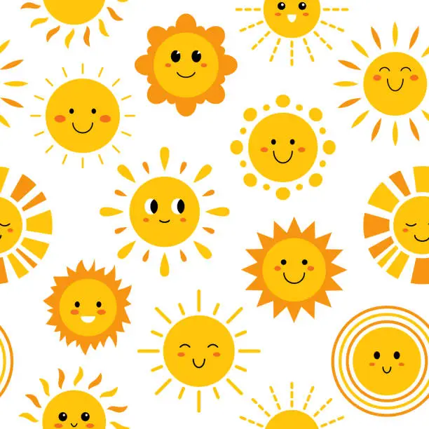 Vector illustration of Vector seamless pattern with funny suns with faces. Pattern with cute summer sunshine on white background. Seamless print with happy smiling baby suns.