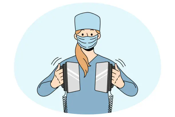 Vector illustration of Nurse hold defibrillator resuscitating in hospital