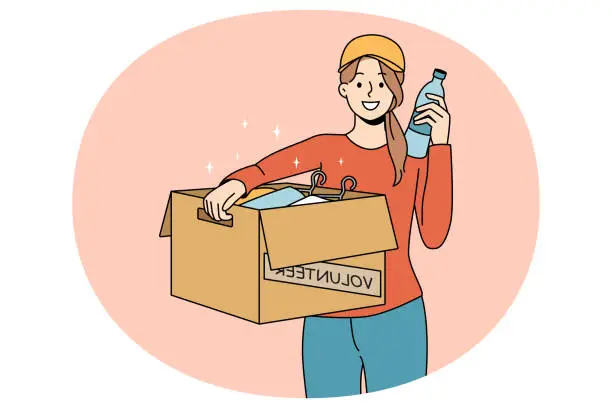 Vector illustration of Woman volunteer hold box with food and supplies