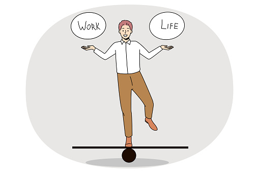 Happy businessman keep balance on board between work and personal life. Smiling successful male manager or employee perfect job and lifestyle scheme. Cartoon character, vector illustration.