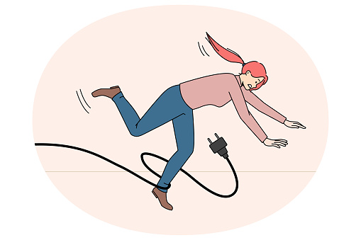 Clumsy woman stumble with power cable falling on floor. Graceless female fall down having injury or trauma because of accident. Caution or warning. Risk and challenge concept. Vector illustration.