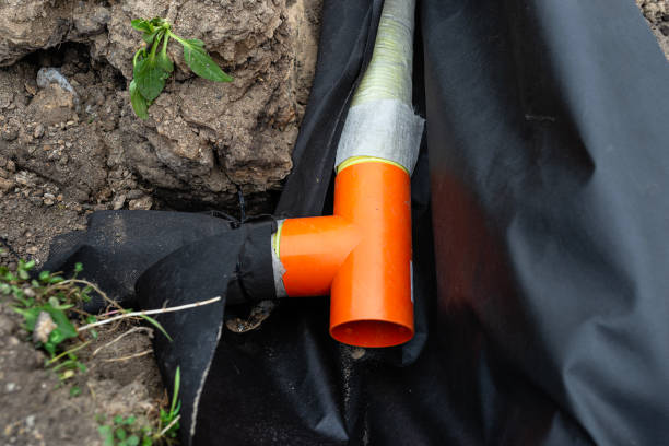 istock Drainage pipe wrapped in geotextile, inserted into a ditch dug around the house, visible PVC tee. 1489218024