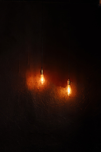 Two vintage light bulbs glow dim orange. High quality photo
