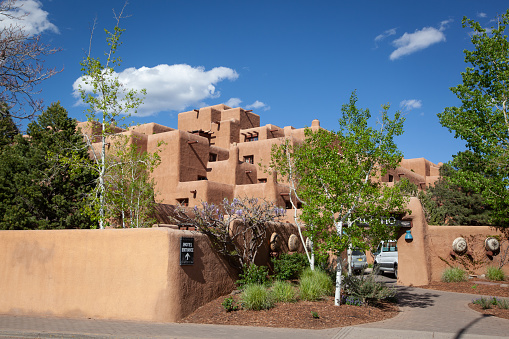 Exterior of San Fernando de Assisi church in Taos, New Mexico made famous by photographer.